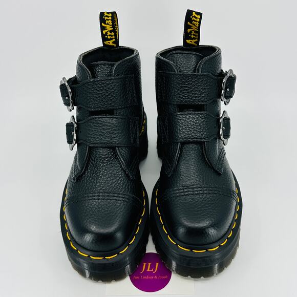 Dr. Martens Women's Devon Flower Buckle Black Leather Platform Boots Size 5 - Picture 3 of 11